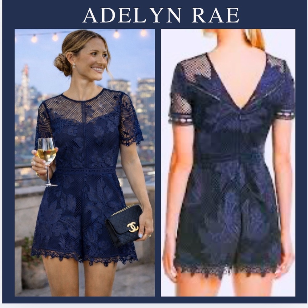 Anthro Adelyn Rae Navy Lace Romper V Neck V Back Scalloped Hem Cocktail  SIZE L